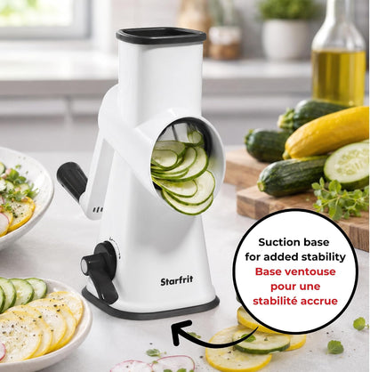 Rotary Drum Grater, 4 Stainless Steel Drums, Slicer & Grater | 4 stainless steel drums. Slice, grate and shave ice. Easy hand crank. Strong suction base. Easy to clean.