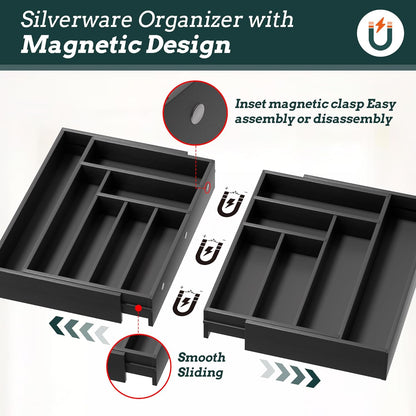 Silverware Organizer Large, Magnetic Connected Expandable 13 Slots Silverware Drawer Organizer From 21 to 37.4 Inches, Adjustable Flatware and Cutlery Holder, Bamboo Utensil Tray for Kitchen Black