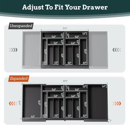 Silverware Organizer Large, Magnetic Connected Expandable 13 Slots Silverware Drawer Organizer From 21 to 37.4 Inches, Adjustable Flatware and Cutlery Holder, Bamboo Utensil Tray for Kitchen Black