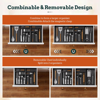 Silverware Organizer Large, Magnetic Connected Expandable 13 Slots Silverware Drawer Organizer From 21 to 37.4 Inches, Adjustable Flatware and Cutlery Holder, Bamboo Utensil Tray for Kitchen Black