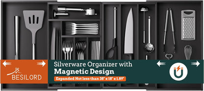 Silverware Organizer Large, Magnetic Connected Expandable 13 Slots Silverware Drawer Organizer From 21 to 37.4 Inches, Adjustable Flatware and Cutlery Holder, Bamboo Utensil Tray for Kitchen Black