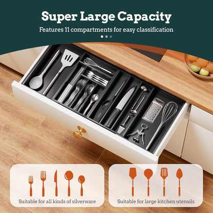 Silverware Organizer Large, Magnetic Connected Expandable 13 Slots Silverware Drawer Organizer From 21 to 37.4 Inches, Adjustable Flatware and Cutlery Holder, Bamboo Utensil Tray for Kitchen Black