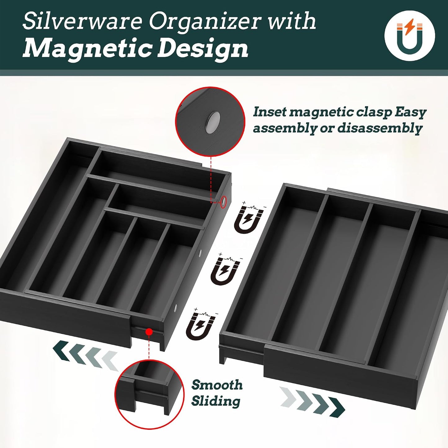 Silverware Organizer Large, Magnetic Connected Expandable 13 Slots Silverware Drawer Organizer From 21 to 37.4 Inches, Adjustable Flatware and Cutlery Holder, Bamboo Utensil Tray for Kitchen Black