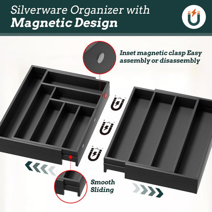 Silverware Organizer Large, Magnetic Connected Expandable 13 Slots Silverware Drawer Organizer From 21 to 37.4 Inches, Adjustable Flatware and Cutlery Holder, Bamboo Utensil Tray for Kitchen Black
