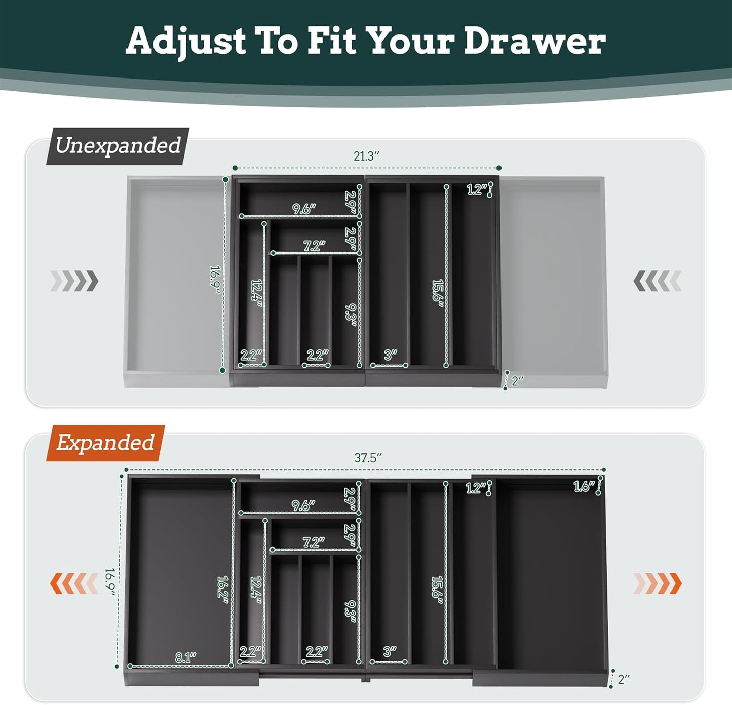 Silverware Organizer Large, Magnetic Connected Expandable 13 Slots Silverware Drawer Organizer From 21 to 37.4 Inches, Adjustable Flatware and Cutlery Holder, Bamboo Utensil Tray for Kitchen Black
