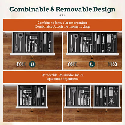 Silverware Organizer Large, Magnetic Connected Expandable 13 Slots Silverware Drawer Organizer From 21 to 37.4 Inches, Adjustable Flatware and Cutlery Holder, Bamboo Utensil Tray for Kitchen Black