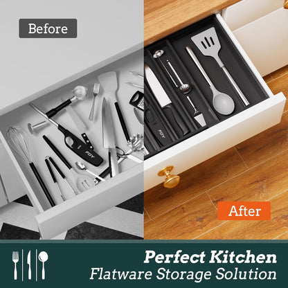 Silverware Organizer Large, Magnetic Connected Expandable 13 Slots Silverware Drawer Organizer From 21 to 37.4 Inches, Adjustable Flatware and Cutlery Holder, Bamboo Utensil Tray for Kitchen Black