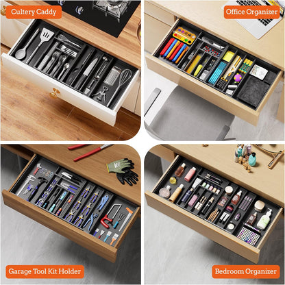 Silverware Organizer Large, Magnetic Connected Expandable 13 Slots Silverware Drawer Organizer From 21 to 37.4 Inches, Adjustable Flatware and Cutlery Holder, Bamboo Utensil Tray for Kitchen Black