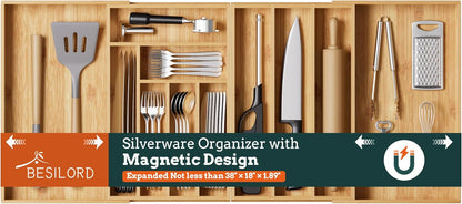 Silverware Organizer Large, Magnetic Connected Expandable 13 Slots Silverware Drawer Organizer From 21 to 37.4 Inches, Adjustable Flatware and Cutlery Holder, Bamboo Utensil Tray for Kitchen Black
