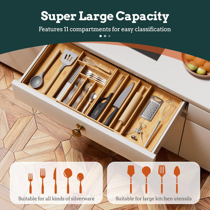 Silverware Organizer Large, Magnetic Connected Expandable 13 Slots Silverware Drawer Organizer From 21 to 37.4 Inches, Adjustable Flatware and Cutlery Holder, Bamboo Utensil Tray for Kitchen Black
