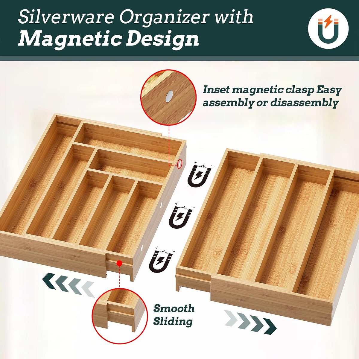 Silverware Organizer Large, Magnetic Connected Expandable 13 Slots Silverware Drawer Organizer From 21 to 37.4 Inches, Adjustable Flatware and Cutlery Holder, Bamboo Utensil Tray for Kitchen Black