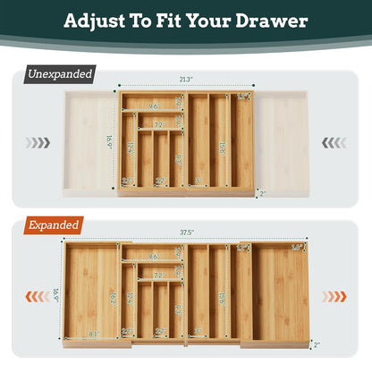 Silverware Organizer Large, Magnetic Connected Expandable 13 Slots Silverware Drawer Organizer From 21 to 37.4 Inches, Adjustable Flatware and Cutlery Holder, Bamboo Utensil Tray for Kitchen Black