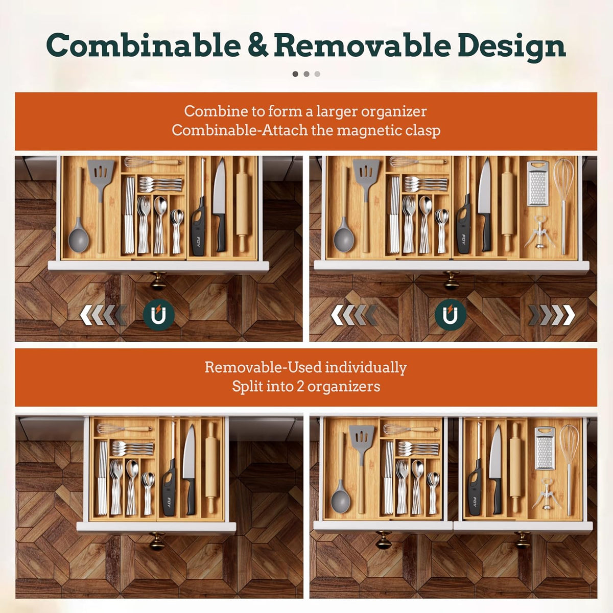 Silverware Organizer Large, Magnetic Connected Expandable 13 Slots Silverware Drawer Organizer From 21 to 37.4 Inches, Adjustable Flatware and Cutlery Holder, Bamboo Utensil Tray for Kitchen Black
