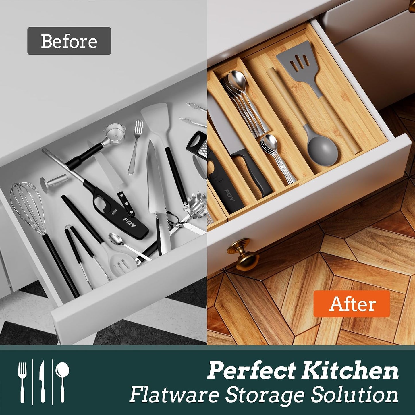 Silverware Organizer Large, Magnetic Connected Expandable 13 Slots Silverware Drawer Organizer From 21 to 37.4 Inches, Adjustable Flatware and Cutlery Holder, Bamboo Utensil Tray for Kitchen Black
