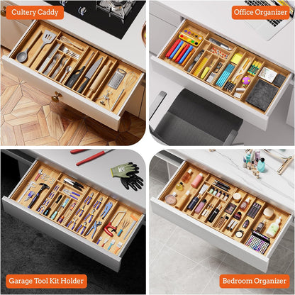 Silverware Organizer Large, Magnetic Connected Expandable 13 Slots Silverware Drawer Organizer From 21 to 37.4 Inches, Adjustable Flatware and Cutlery Holder, Bamboo Utensil Tray for Kitchen Black