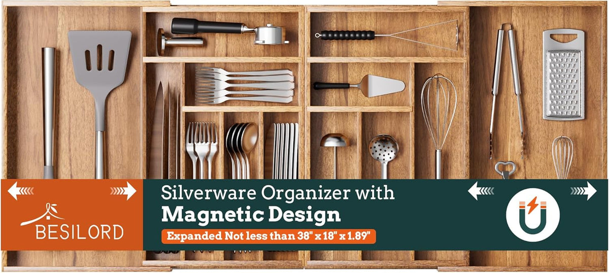 Silverware Organizer Large, Magnetic Connected Expandable 13 Slots Silverware Drawer Organizer From 21 to 37.4 Inches, Adjustable Flatware and Cutlery Holder, Bamboo Utensil Tray for Kitchen Black