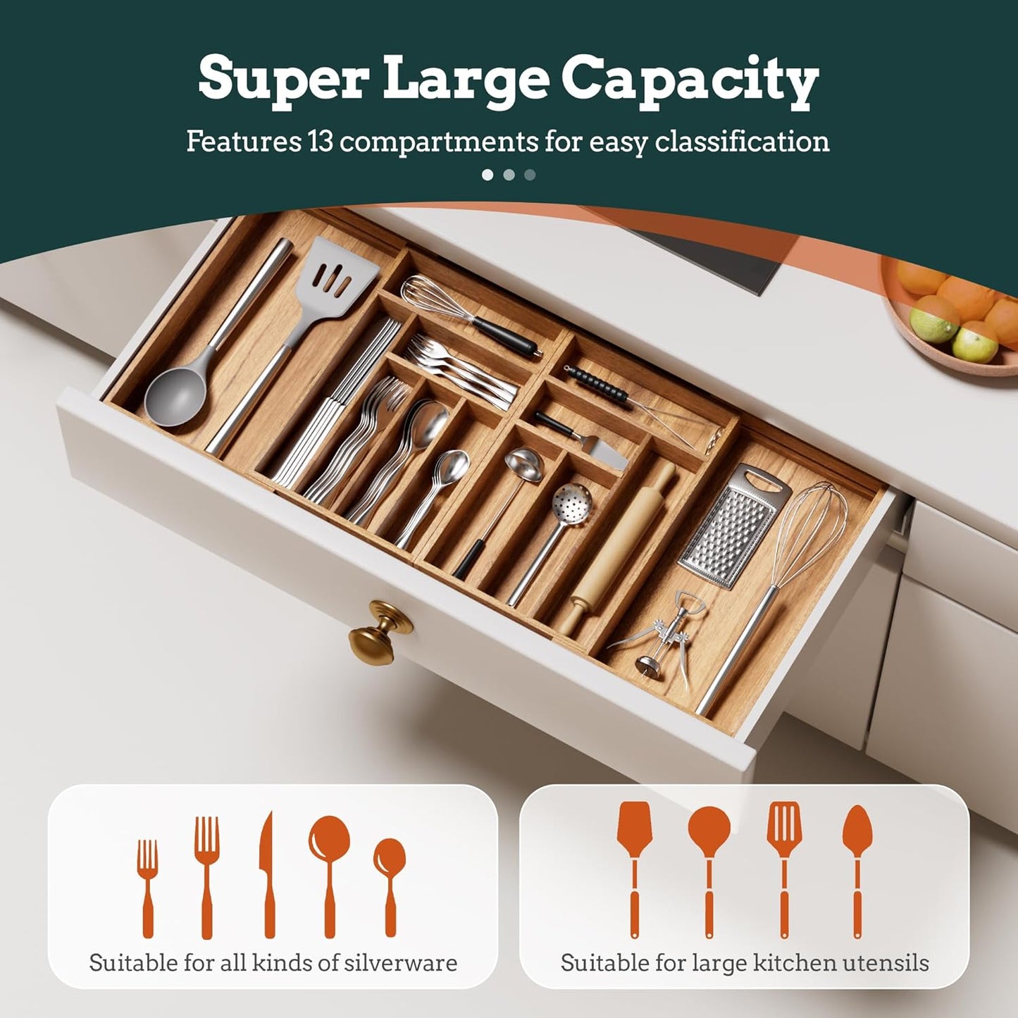 Silverware Organizer Large, Magnetic Connected Expandable 13 Slots Silverware Drawer Organizer From 21 to 37.4 Inches, Adjustable Flatware and Cutlery Holder, Bamboo Utensil Tray for Kitchen Black