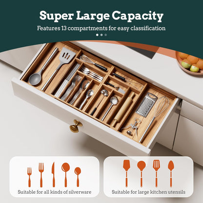 Silverware Organizer Large, Magnetic Connected Expandable 13 Slots Silverware Drawer Organizer From 21 to 37.4 Inches, Adjustable Flatware and Cutlery Holder, Bamboo Utensil Tray for Kitchen Black