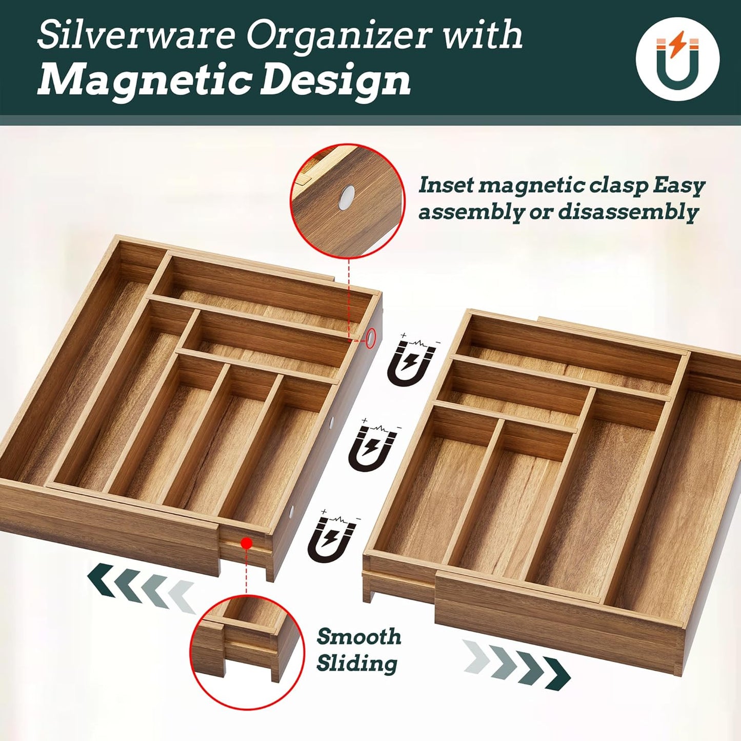 Silverware Organizer Large, Magnetic Connected Expandable 13 Slots Silverware Drawer Organizer From 21 to 37.4 Inches, Adjustable Flatware and Cutlery Holder, Bamboo Utensil Tray for Kitchen Black
