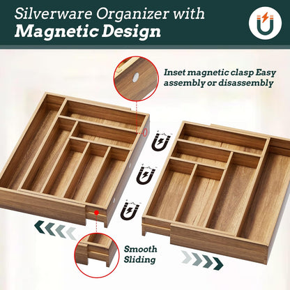 Silverware Organizer Large, Magnetic Connected Expandable 13 Slots Silverware Drawer Organizer From 21 to 37.4 Inches, Adjustable Flatware and Cutlery Holder, Bamboo Utensil Tray for Kitchen Black