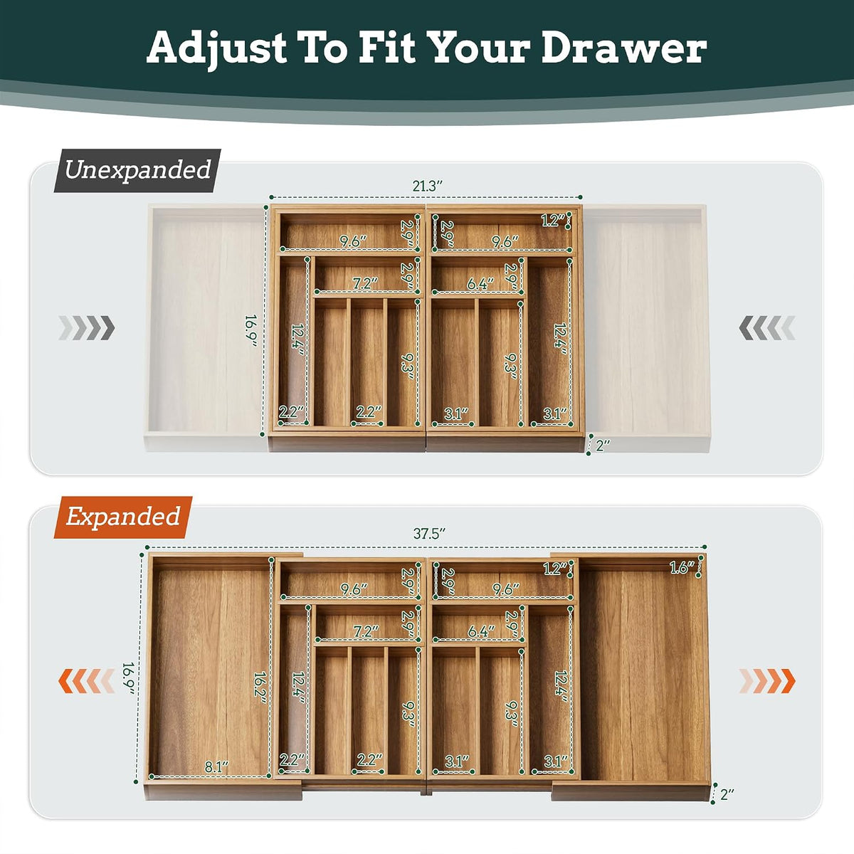 Silverware Organizer Large, Magnetic Connected Expandable 13 Slots Silverware Drawer Organizer From 21 to 37.4 Inches, Adjustable Flatware and Cutlery Holder, Bamboo Utensil Tray for Kitchen Black