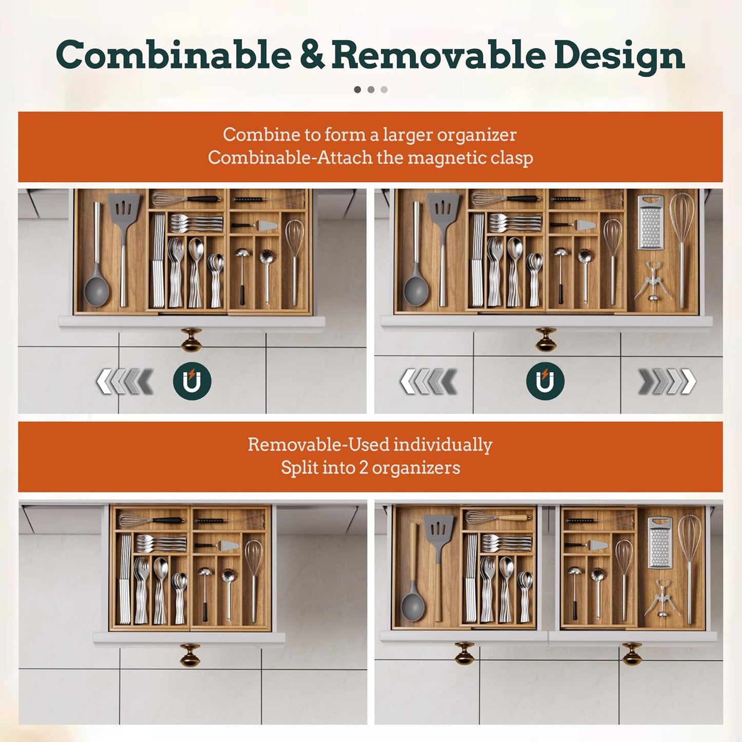 Silverware Organizer Large, Magnetic Connected Expandable 13 Slots Silverware Drawer Organizer From 21 to 37.4 Inches, Adjustable Flatware and Cutlery Holder, Bamboo Utensil Tray for Kitchen Black