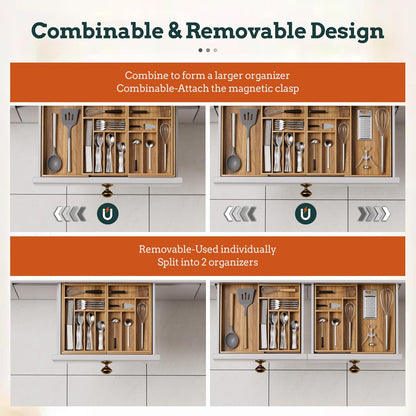 Silverware Organizer Large, Magnetic Connected Expandable 13 Slots Silverware Drawer Organizer From 21 to 37.4 Inches, Adjustable Flatware and Cutlery Holder, Bamboo Utensil Tray for Kitchen Black