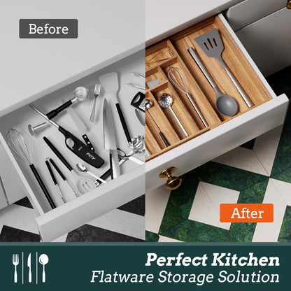 Silverware Organizer Large, Magnetic Connected Expandable 13 Slots Silverware Drawer Organizer From 21 to 37.4 Inches, Adjustable Flatware and Cutlery Holder, Bamboo Utensil Tray for Kitchen Black