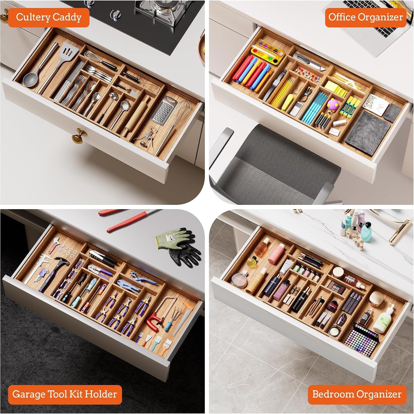 Silverware Organizer Large, Magnetic Connected Expandable 13 Slots Silverware Drawer Organizer From 21 to 37.4 Inches, Adjustable Flatware and Cutlery Holder, Bamboo Utensil Tray for Kitchen Black