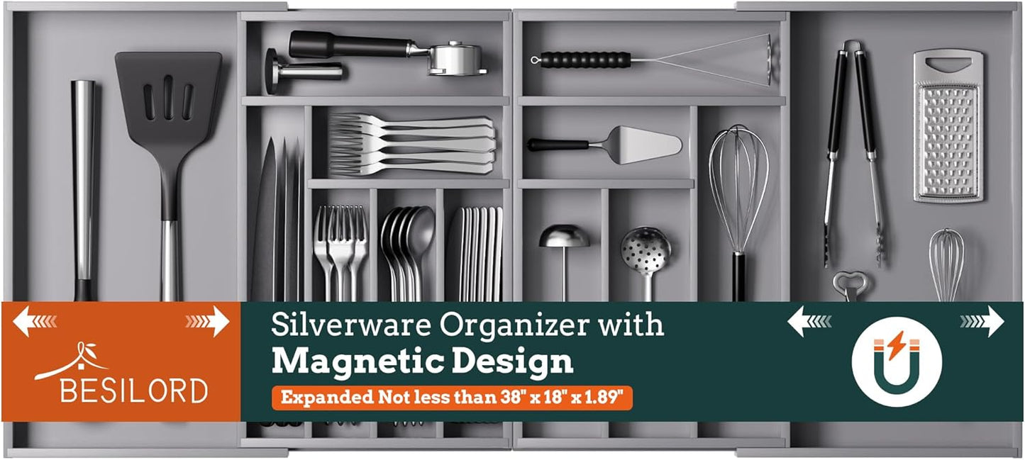 Silverware Organizer Large, Magnetic Connected Expandable 13 Slots Silverware Drawer Organizer From 21 to 37.4 Inches, Adjustable Flatware and Cutlery Holder, Bamboo Utensil Tray for Kitchen Black