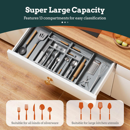 Silverware Organizer Large, Magnetic Connected Expandable 13 Slots Silverware Drawer Organizer From 21 to 37.4 Inches, Adjustable Flatware and Cutlery Holder, Bamboo Utensil Tray for Kitchen Black