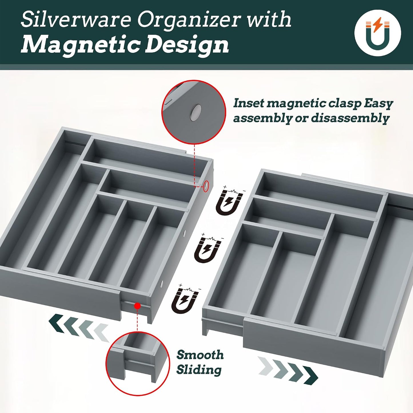 Silverware Organizer Large, Magnetic Connected Expandable 13 Slots Silverware Drawer Organizer From 21 to 37.4 Inches, Adjustable Flatware and Cutlery Holder, Bamboo Utensil Tray for Kitchen Black