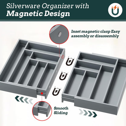 Silverware Organizer Large, Magnetic Connected Expandable 13 Slots Silverware Drawer Organizer From 21 to 37.4 Inches, Adjustable Flatware and Cutlery Holder, Bamboo Utensil Tray for Kitchen Black