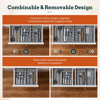 Silverware Organizer Large, Magnetic Connected Expandable 13 Slots Silverware Drawer Organizer From 21 to 37.4 Inches, Adjustable Flatware and Cutlery Holder, Bamboo Utensil Tray for Kitchen Black