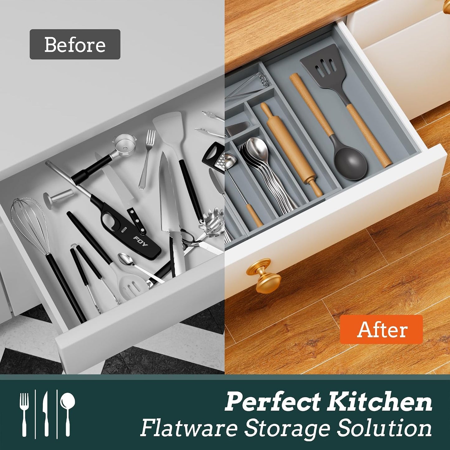 Silverware Organizer Large, Magnetic Connected Expandable 13 Slots Silverware Drawer Organizer From 21 to 37.4 Inches, Adjustable Flatware and Cutlery Holder, Bamboo Utensil Tray for Kitchen Black