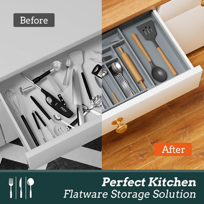 Silverware Organizer Large, Magnetic Connected Expandable 13 Slots Silverware Drawer Organizer From 21 to 37.4 Inches, Adjustable Flatware and Cutlery Holder, Bamboo Utensil Tray for Kitchen Black