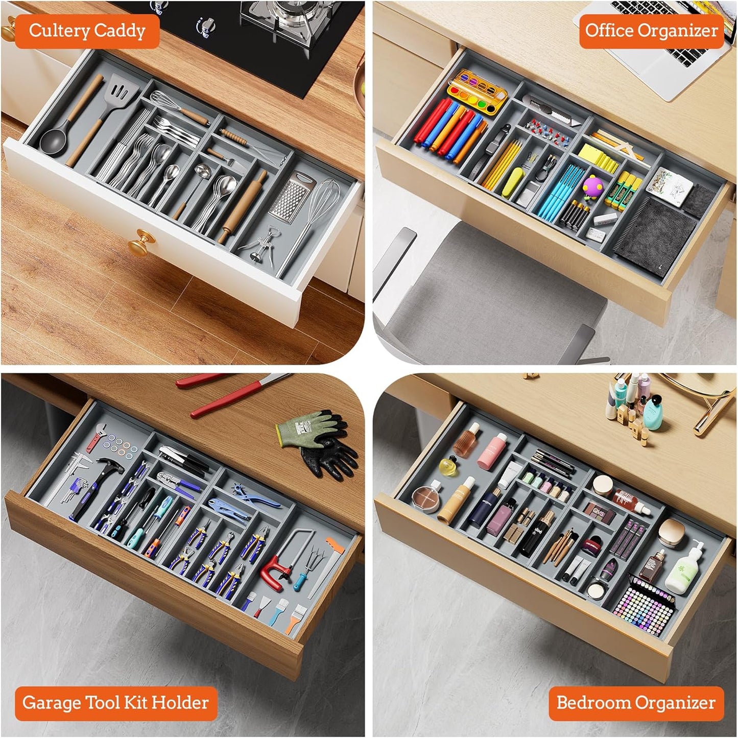 Silverware Organizer Large, Magnetic Connected Expandable 13 Slots Silverware Drawer Organizer From 21 to 37.4 Inches, Adjustable Flatware and Cutlery Holder, Bamboo Utensil Tray for Kitchen Black
