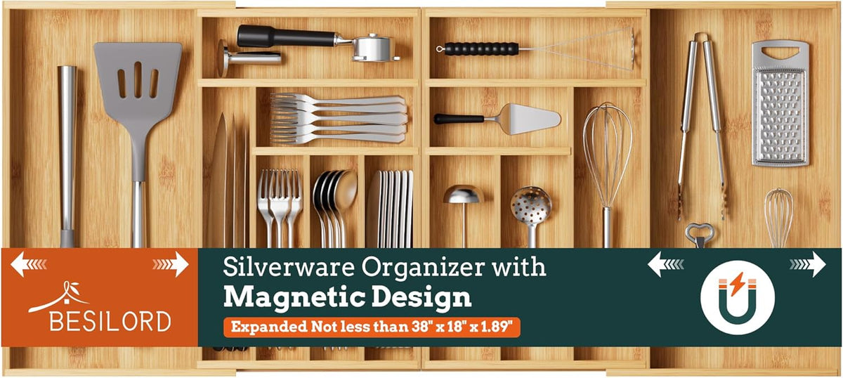 Silverware Organizer Large, Magnetic Connected Expandable 13 Slots Silverware Drawer Organizer From 21 to 37.4 Inches, Adjustable Flatware and Cutlery Holder, Bamboo Utensil Tray for Kitchen Black