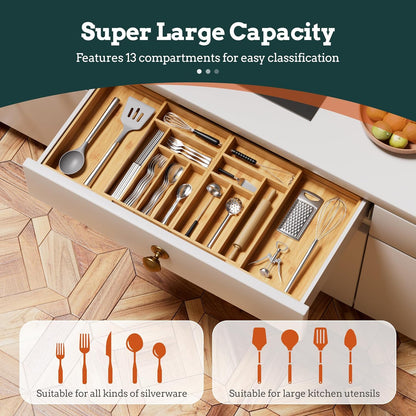 Silverware Organizer Large, Magnetic Connected Expandable 13 Slots Silverware Drawer Organizer From 21 to 37.4 Inches, Adjustable Flatware and Cutlery Holder, Bamboo Utensil Tray for Kitchen Black