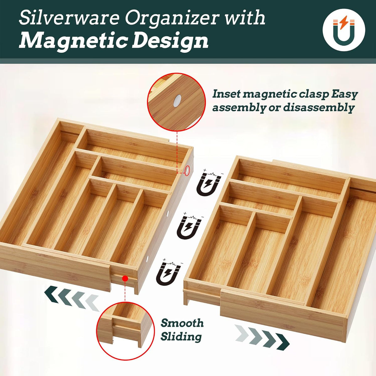 Silverware Organizer Large, Magnetic Connected Expandable 13 Slots Silverware Drawer Organizer From 21 to 37.4 Inches, Adjustable Flatware and Cutlery Holder, Bamboo Utensil Tray for Kitchen Black