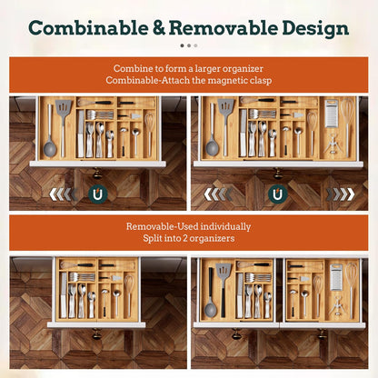 Silverware Organizer Large, Magnetic Connected Expandable 13 Slots Silverware Drawer Organizer From 21 to 37.4 Inches, Adjustable Flatware and Cutlery Holder, Bamboo Utensil Tray for Kitchen Black