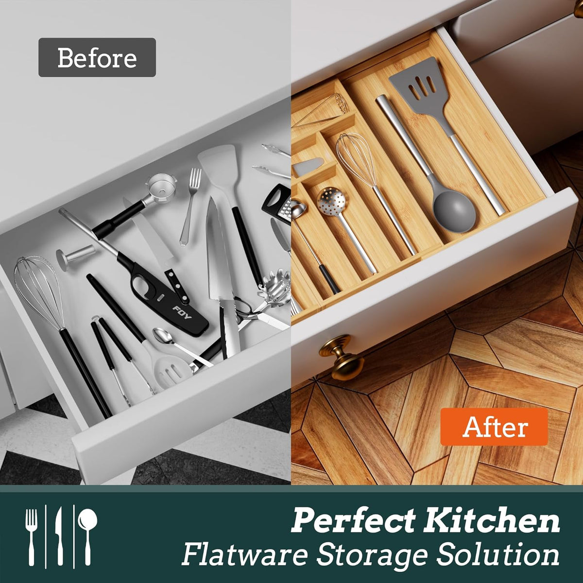 Silverware Organizer Large, Magnetic Connected Expandable 13 Slots Silverware Drawer Organizer From 21 to 37.4 Inches, Adjustable Flatware and Cutlery Holder, Bamboo Utensil Tray for Kitchen Black