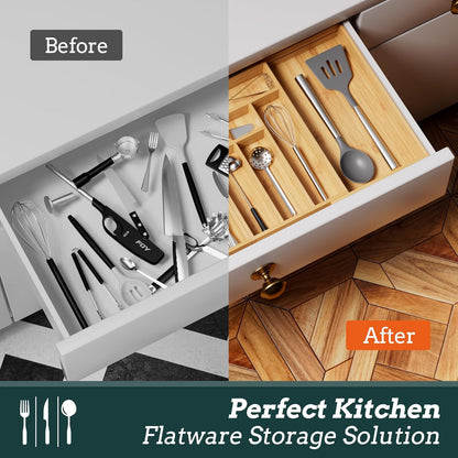 Silverware Organizer Large, Magnetic Connected Expandable 13 Slots Silverware Drawer Organizer From 21 to 37.4 Inches, Adjustable Flatware and Cutlery Holder, Bamboo Utensil Tray for Kitchen Black