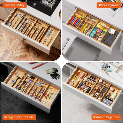 Silverware Organizer Large, Magnetic Connected Expandable 13 Slots Silverware Drawer Organizer From 21 to 37.4 Inches, Adjustable Flatware and Cutlery Holder, Bamboo Utensil Tray for Kitchen Black