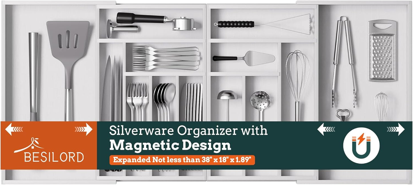 Silverware Organizer Large, Magnetic Connected Expandable 13 Slots Silverware Drawer Organizer From 21 to 37.4 Inches, Adjustable Flatware and Cutlery Holder, Bamboo Utensil Tray for Kitchen Black