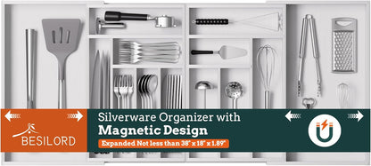 Silverware Organizer Large, Magnetic Connected Expandable 13 Slots Silverware Drawer Organizer From 21 to 37.4 Inches, Adjustable Flatware and Cutlery Holder, Bamboo Utensil Tray for Kitchen Black