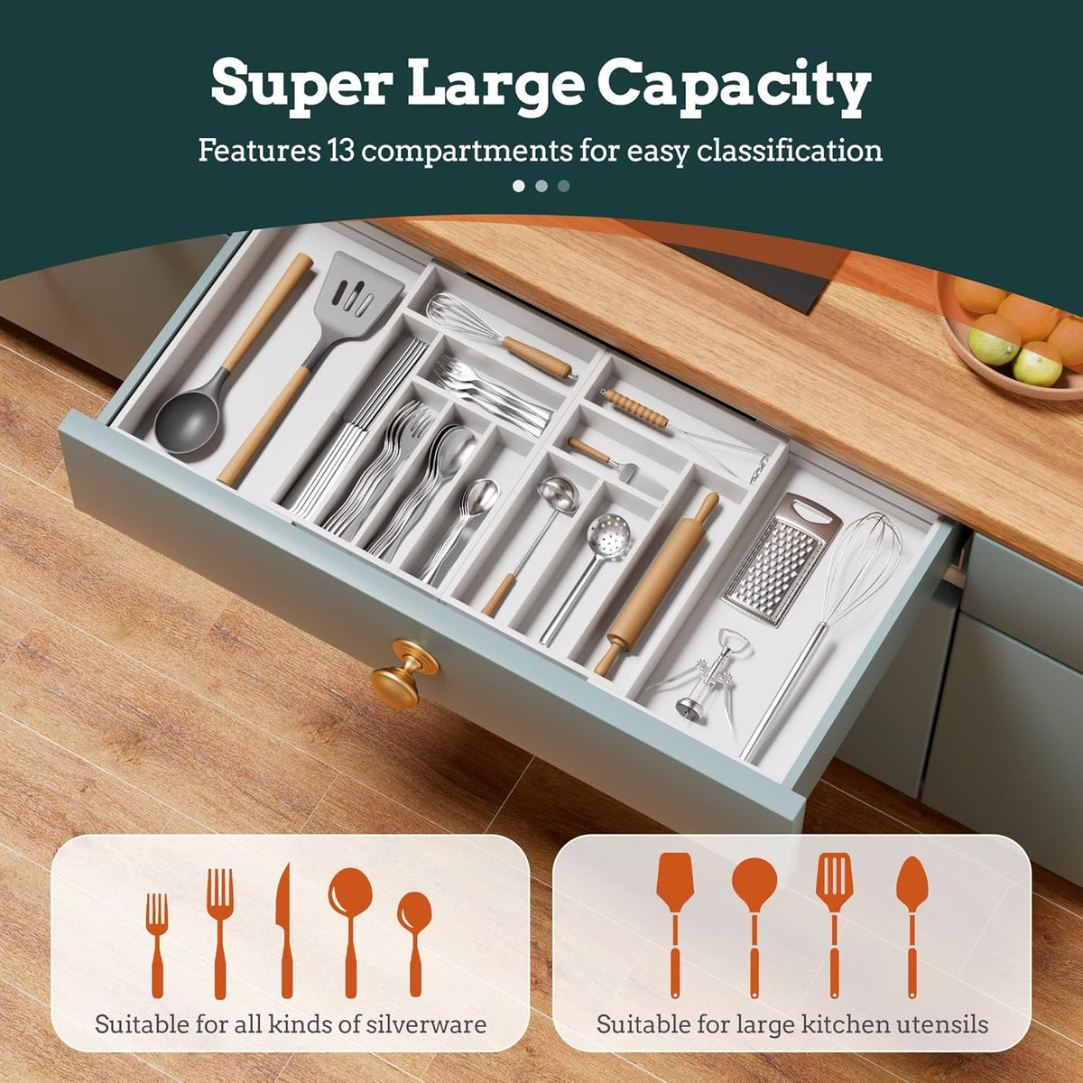 Silverware Organizer Large, Magnetic Connected Expandable 13 Slots Silverware Drawer Organizer From 21 to 37.4 Inches, Adjustable Flatware and Cutlery Holder, Bamboo Utensil Tray for Kitchen Black