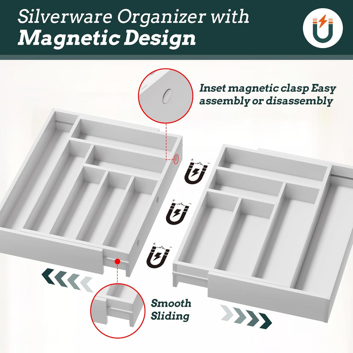 Silverware Organizer Large, Magnetic Connected Expandable 13 Slots Silverware Drawer Organizer From 21 to 37.4 Inches, Adjustable Flatware and Cutlery Holder, Bamboo Utensil Tray for Kitchen Black