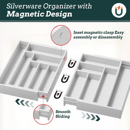 Silverware Organizer Large, Magnetic Connected Expandable 13 Slots Silverware Drawer Organizer From 21 to 37.4 Inches, Adjustable Flatware and Cutlery Holder, Bamboo Utensil Tray for Kitchen Black