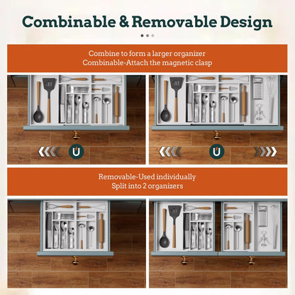Silverware Organizer Large, Magnetic Connected Expandable 13 Slots Silverware Drawer Organizer From 21 to 37.4 Inches, Adjustable Flatware and Cutlery Holder, Bamboo Utensil Tray for Kitchen Black